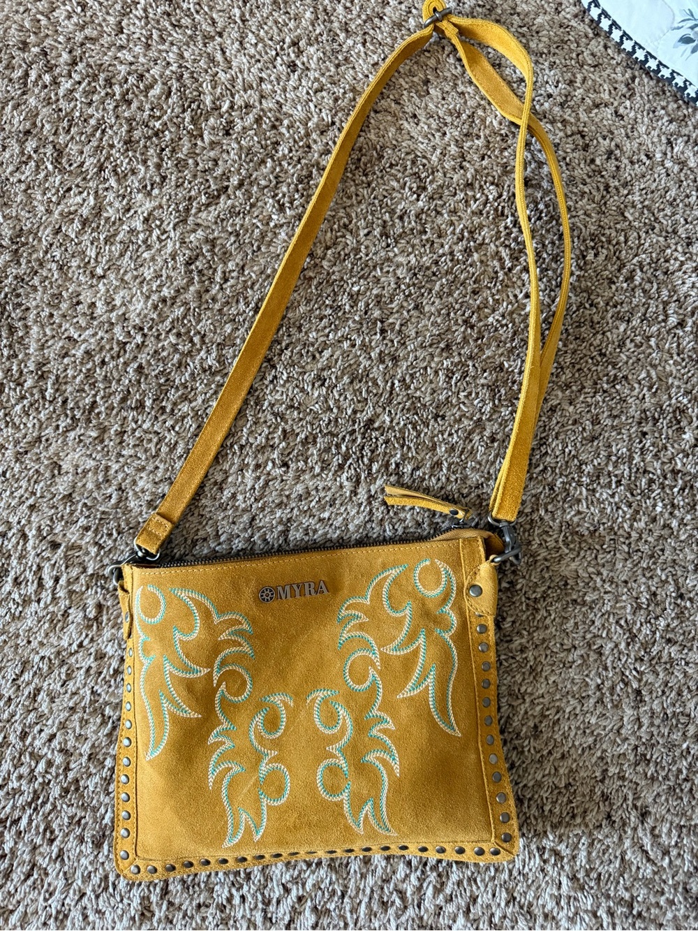 Myra Bag Yellow Crossbody with Mint Embroidery